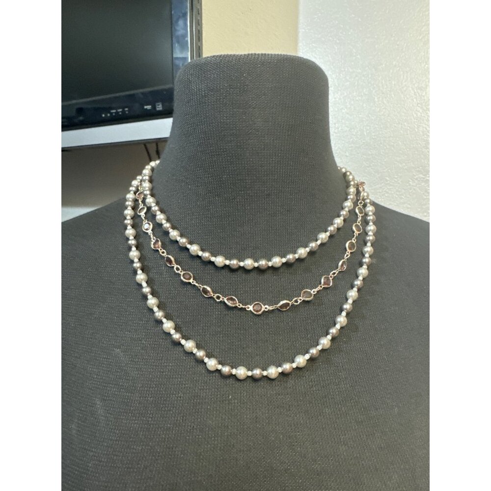 Roman And Sunstone Triple Strand Gray Pearl and Rhinestone Necklace 18 inch